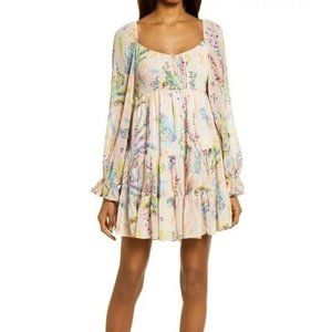 BTFL Life Babydoll Dress Long Sleeves Mini Pastel Floral Size Medium